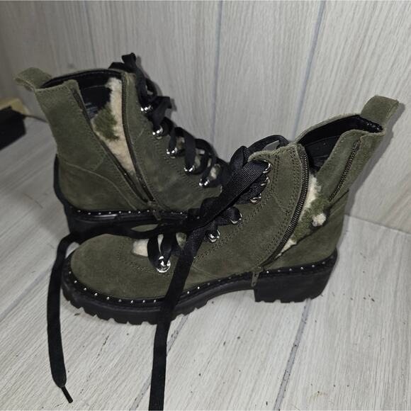 Steve Madden Rainier Green Suede Boots Leather Chunky Combat Studded Camo Fall - Picture 5 of 10